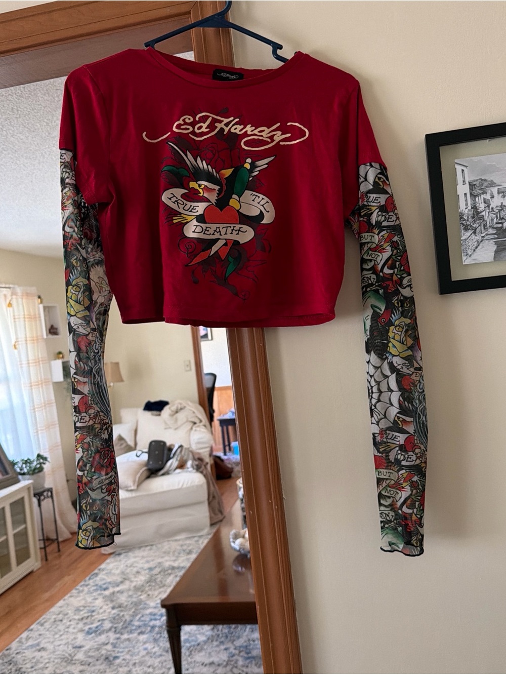 RARE WOMENS ED HARDY MESH TRUE EAGLE TATTOO LONG-SLEEVE TOP Size Large